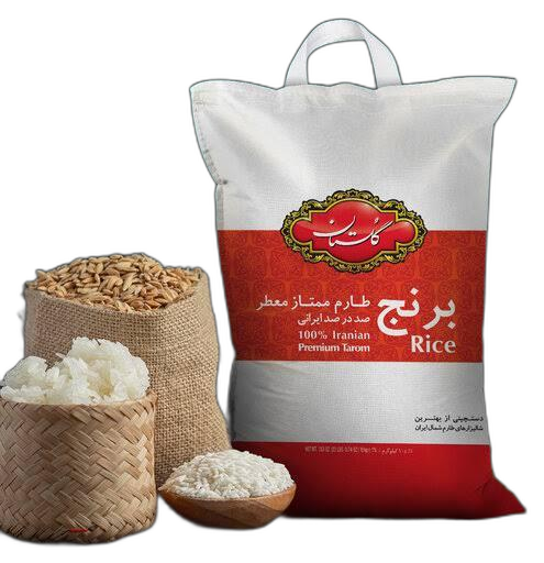 کیسه برنج طارم ممتاز کنار خوشه و کاسه برنج